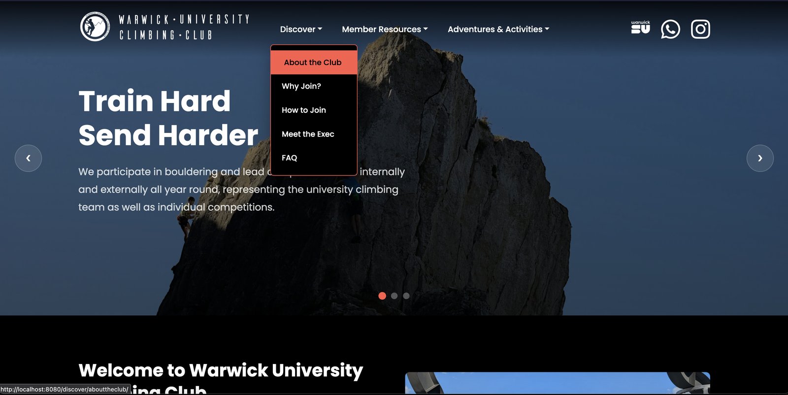 Warwick University Climbing Club Website - Homepage preview