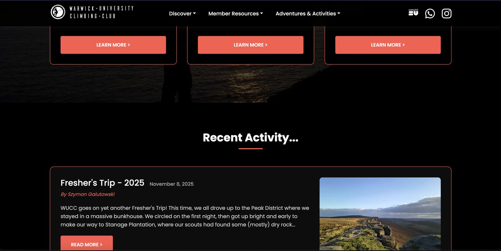 Warwick University Climbing Club Website - Subpage preview